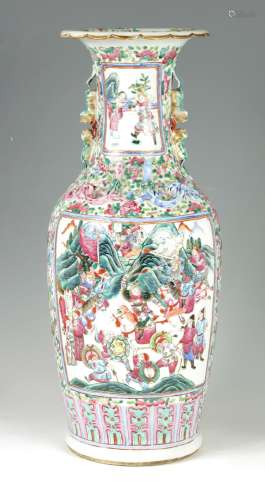 A 19TH CENTURY CHINESE CANTON FAMILLE ROSE VASE OF LARGE SIZ...