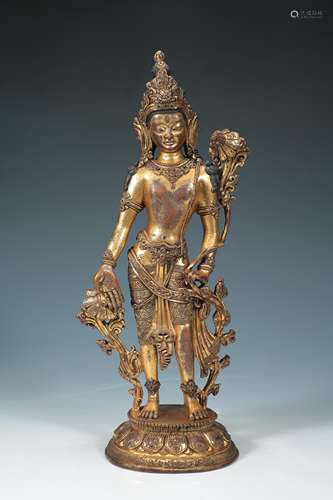 Ming Dynasty - A Gilt Bronze Statue of Guanyin with Lotus Ha...