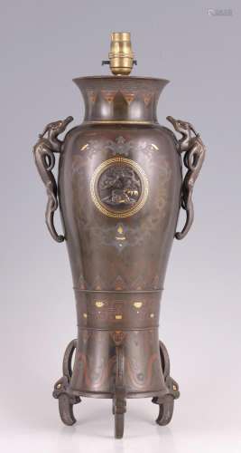 A LARGE MEIJI PERIOD JAPANESE MIXED METAL AND BRONZE VASE