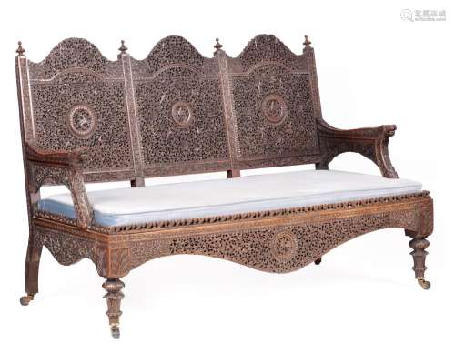 A 19TH CENTURY ANGLO-INDIAN HARDWOOD THREE-SEATER SETTEE