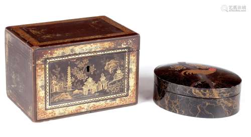 A 19TH CENTURY CHINOISERIE DECORATED LACQUER TEA CADDY