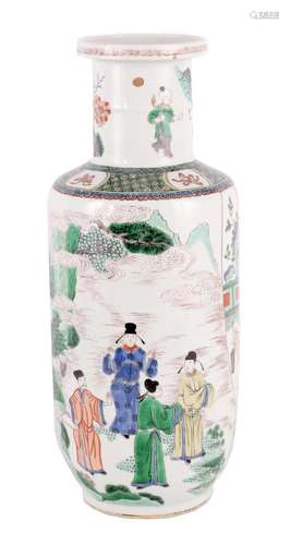 A CHINESE KANGXI FAMILLE VERTE CYLINDRICAL VASE