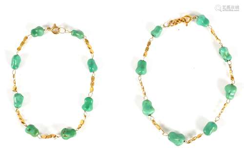 TWO GOLD AND TURQUOISE NUGGET BRACELETS