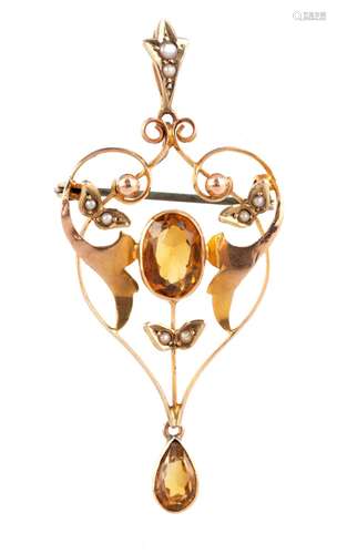 A LADIES ART NOUVEAU 9CT GOLD CITRINE AND PEARL PENDANT