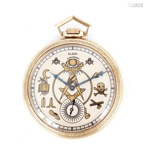 A 10CT ROLLED GOLD MASONIC POCKET WATCH BY ELGIN NATIONAL WA...