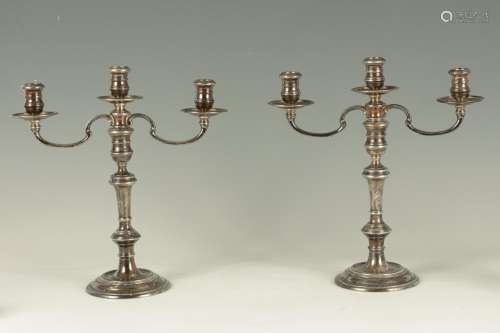 A PAIR OF SILVER TWO BRANCH CANDELABRA
