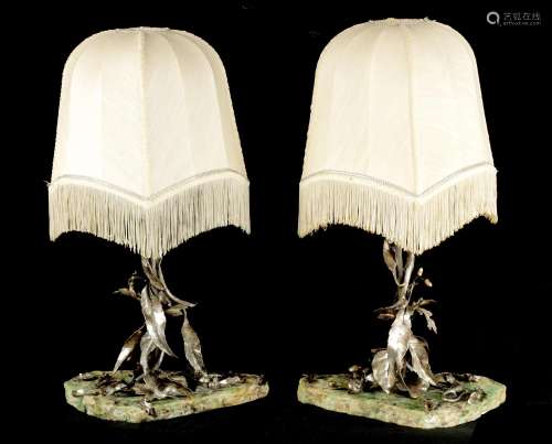 A GOOD PAIR OF ITALIAN SOLID SILVER TABLE LAMPS ON FLUORSPAR...