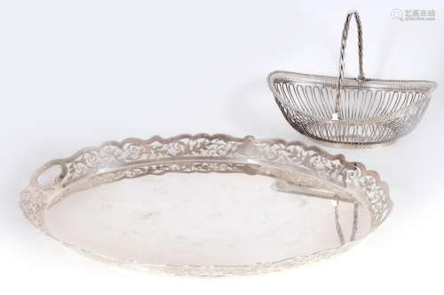 A LARGE OVAL SILVER PLATED TRAY TOGETHER WITH AN OLD SHEFFIE...