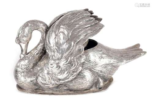 A VICTORIAN ELECTROPLATED SPOON WARMER FORMED AS A SWAN