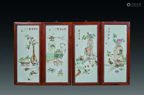 Four screens of Chinese Qing dynasty pastel porcelain