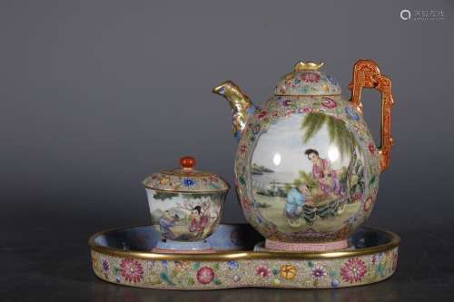 A set of foreign color tea set decorated with flower pattern...