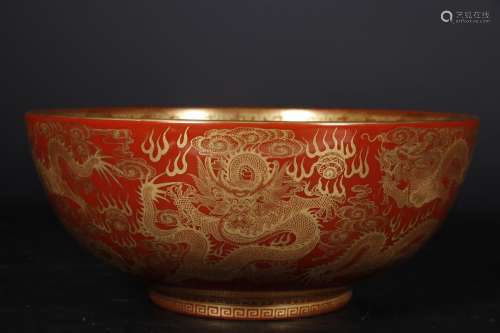 Alum red painted gold dragon jade poem bottom decorative bow...