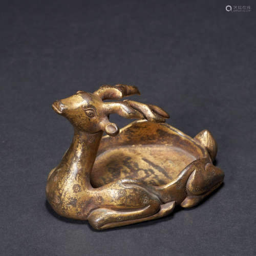 Ancient Chinese bronze ink-stone with gold gilding
