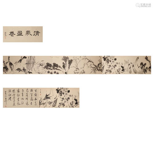 Wang Xuetao, ancient Chinese long scroll of flowers and bird...