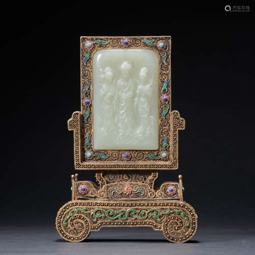 Jade Buddha decoration with silver inlay, Qing Dynasty, Chin...