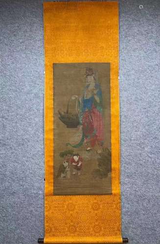 A CHINESE PAINTING GUAN YIN BUDDHA SILK DAMASK TABLE VERTICA...