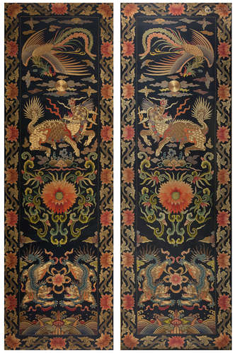 A pair of seed-embroidered Kylin hanging screens in Qing Dyn...