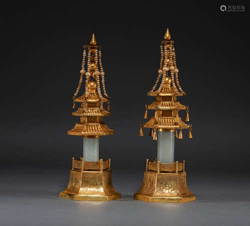 Hetian jade gilt Pagoda of Qing Dynasty in China