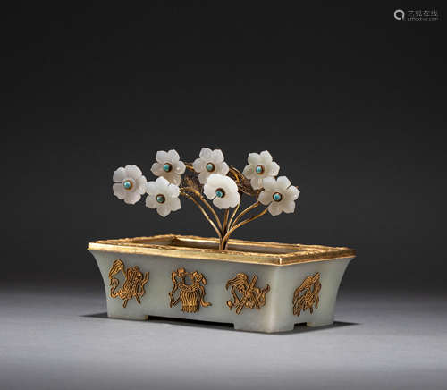 Chinese hetian jade flower pot decoration in qing Dynasty