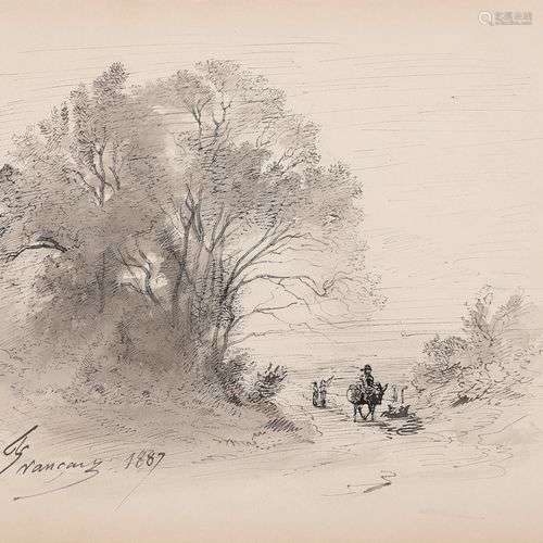 François Louis FRANÇAIS (1814-1897) PaysageEncre et lavisSig...