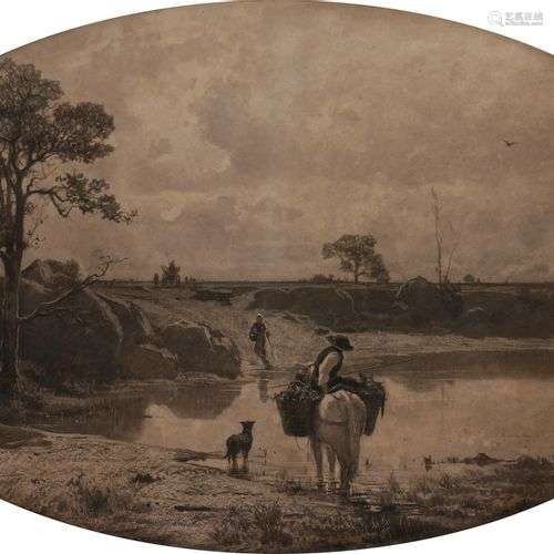 Adolphe APPIAN (Lyon 1818 - 1898)Paysans au bord d’un étang,...