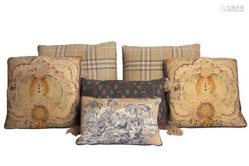 A PAIR OF SQUARE BROWN CHECK CUSHIONS, CONTEMPORARY