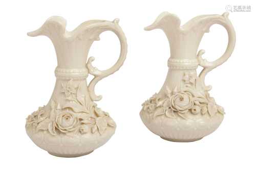 A PAIR OF BELLEEK PORCELAIN JUGS, LATE 19TH TO EARLY 20TH CE...