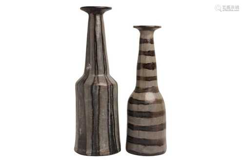 TWO BLACK AND GREY GLAZED TERRACOTTA BOTTLE VASES, CONTEMPOR...