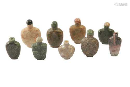 NINE CHINESE HARDSTONE SNUFF BOTTLES.