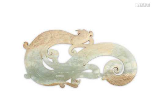 A CHINESE ARCHAISTIC PALE CELADON JADE 'PHOENIX' PLAQUE.