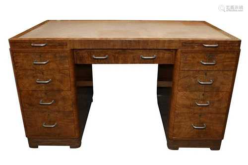 AN ART DECO WALNUT TWIN PEDESTAL DESK