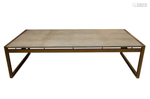 A BRASS AND FAUX SHAGREEN RECTANGULAR COFFEE TABLE, 20TH CEN...