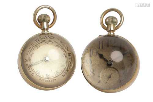 A CONTINENTAL GLASS AND BRASS SPHERICAL BULLS EYE DESK CLOCK...