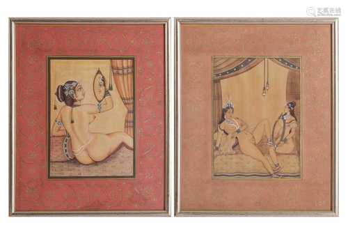 A SET OF FOUR INDIAN PAINTED AND DECORATED PRINTED EROTIC SC...