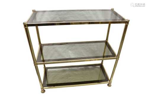 A RECTANGULAR POLISHED BRASS THREE TIER WHATNOT, CONTEMPORAR...