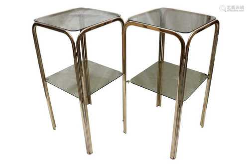 A PAIR OF POLISHED BRASS TWO TIER OCCASIONAL TABLES, CONTEMP...