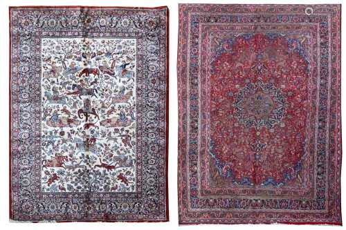 A FINE MACHINE MADE MERCERISED COTTON CARPET OF HUNTING DESI...