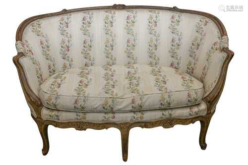 A FRENCH LOUIS XV STYLE TWO SEATER SOFA OR CANAPE, 19TH CENT...