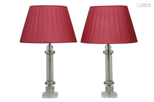 A PAIR OF GLASS COLUMN TABLE LAMPS, EARLY TO MID 20TH CENTUR...