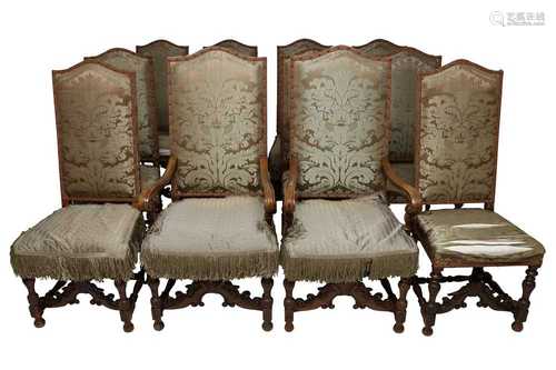 A SET OF TWELVE 17TH CENTURY STYLE HIGH BACK DINING CHAIRS