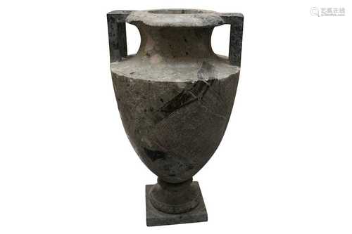 A CLASSICAL TWIN HANDLED GREEN MARBLE AMPHORA URN