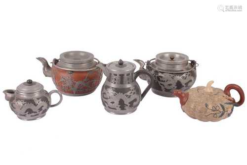 A SET OF THREE PEWTER AND GREY STONEWARE TEA WARES, 20TH CEN...