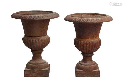 A PAIR OF VICTORIAN CAST IRON CAMPANA GARDEN URNS, 19TH CENT...