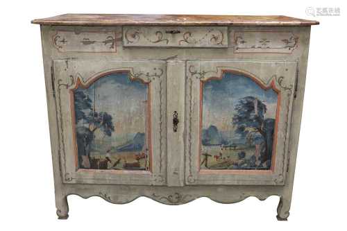 A FRENCH PROVINCIAL PAINTED AND DISTRESSED CHESTNUT BUFFET O...