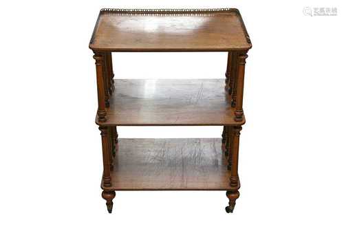 A VICTORIAN WALNUT LOW THREE TIER WHATNOT