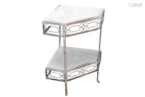 A WHITE PAINTED TWO TIER WROUGHT IRON CORNER TABLE, 20TH CEN...