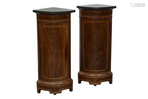 A PAIR OF SMALL FRENCH BOW FRONT CORNER CUPBOARDS OR ENCOIGN...