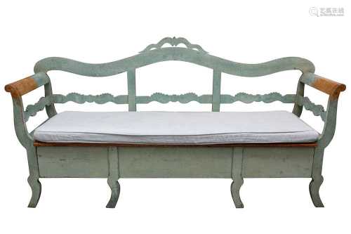 A SWEDISH TURQUOISE PAINTED AND DISTRESSED PINE BENCH, 20TH ...