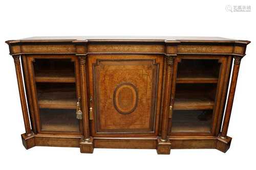 A VICTORIAN BURR WALNUT AND CROSSBANDED INLAID BREAKFRONT CR...