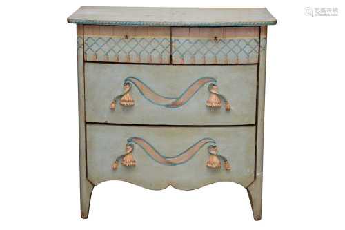 AN ITALIAN PAINTED AND DISTRESSED BOW FRONT CHEST, ATTRIBUTE...